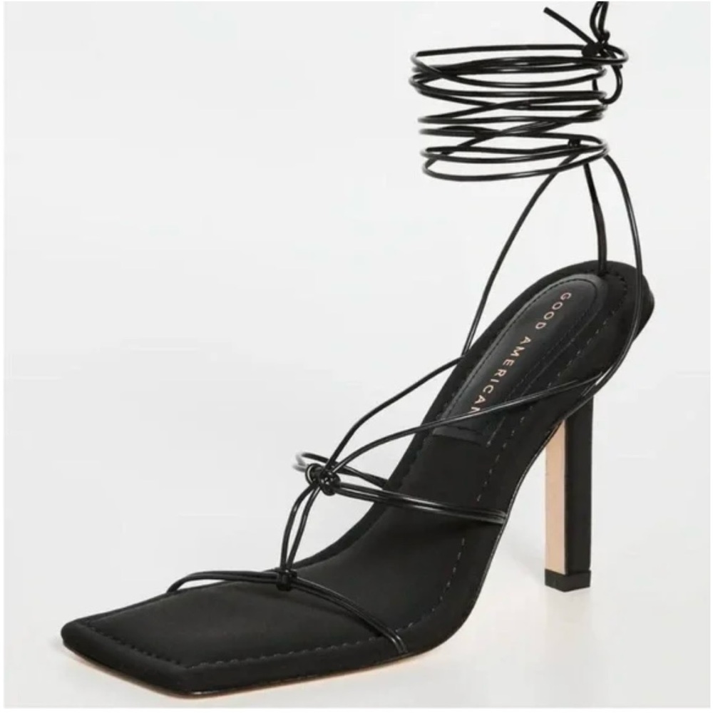 NIB NEW Good American Cage Slanted Sandals Neoprene Black Lace Up Heel